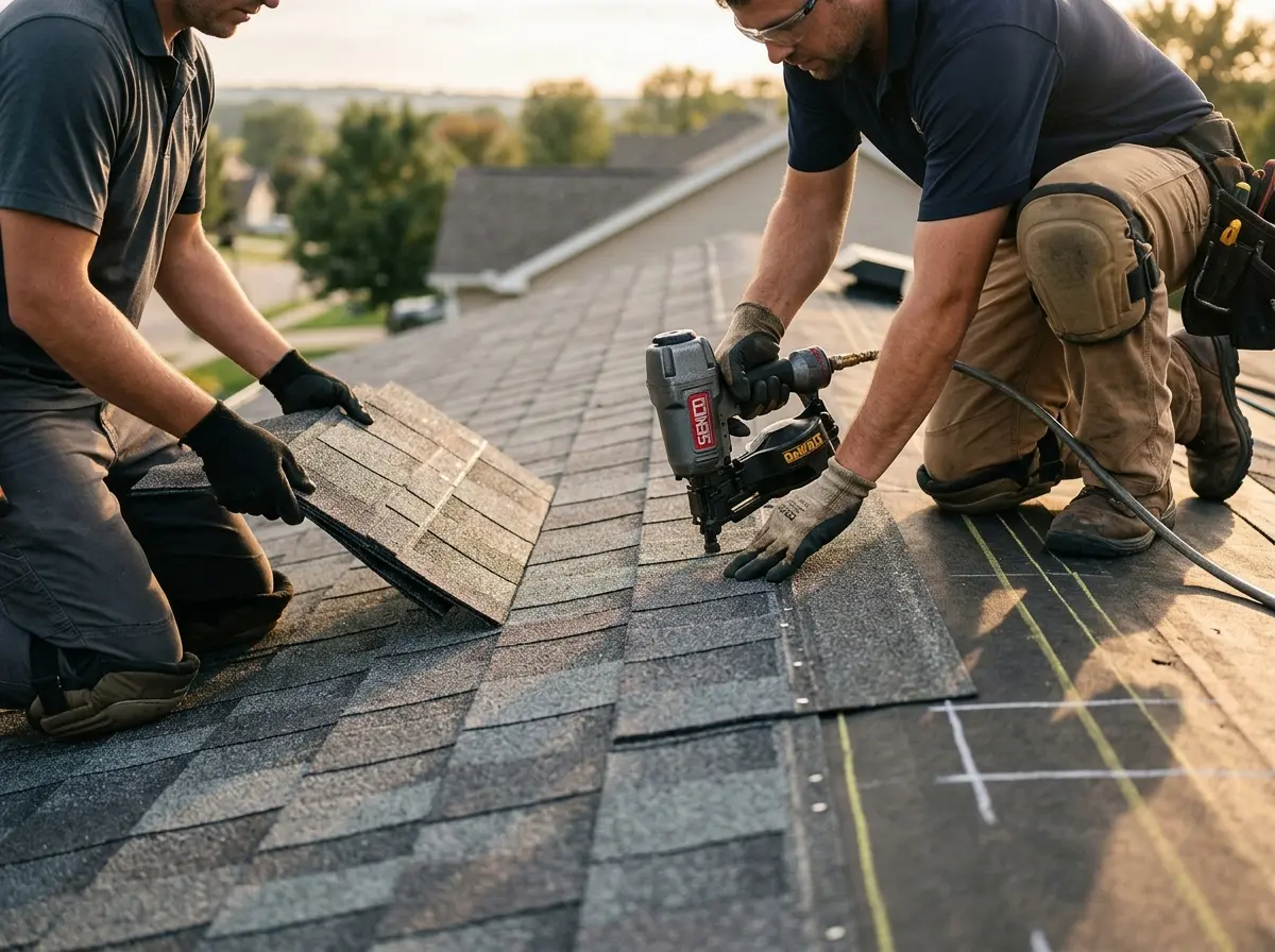 Professional roofer working on a residential roof in Coatesville